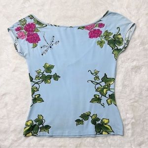 2000s Y2K Anna Molinari blue embellished fairy floral print tee